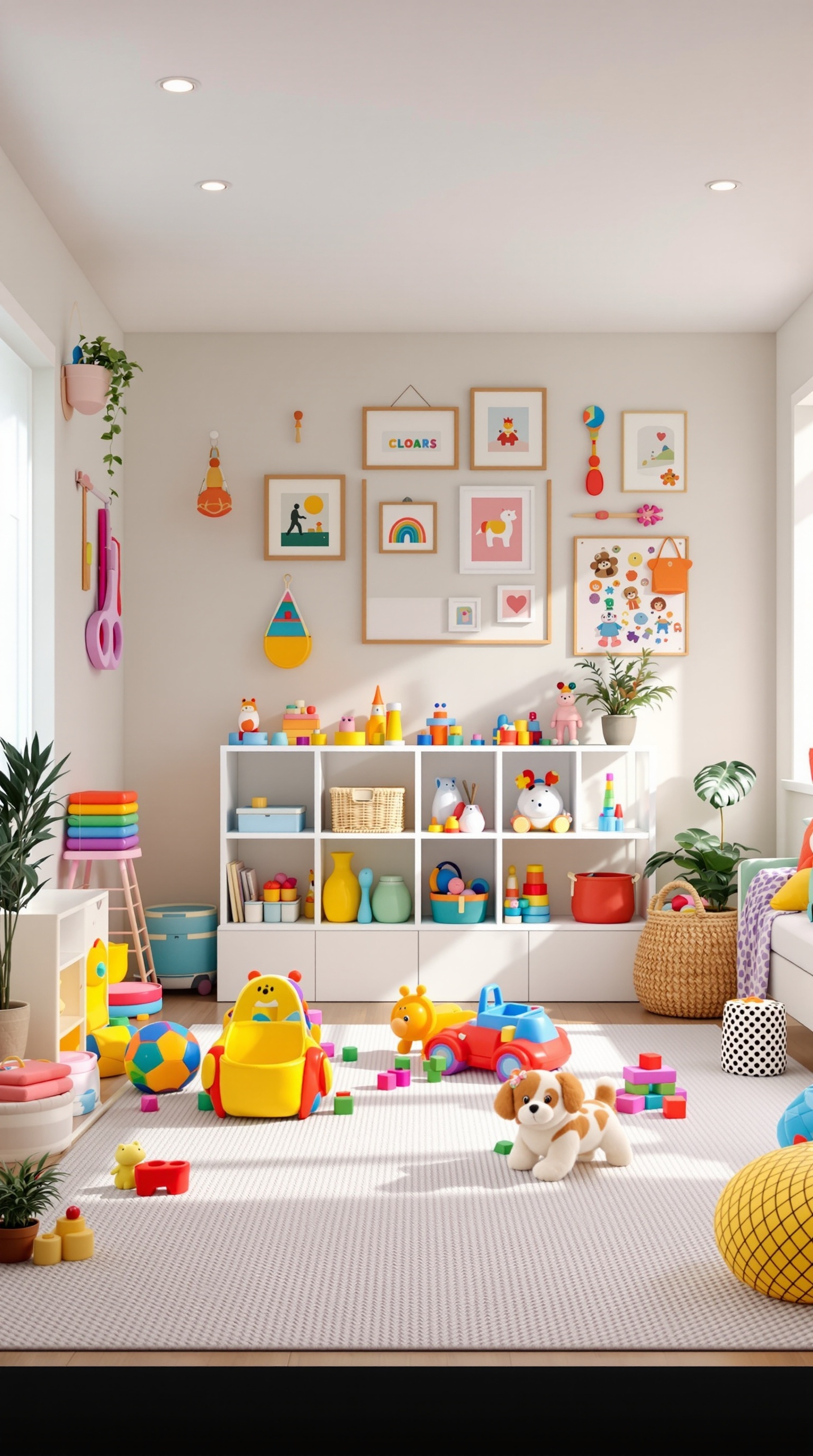 Bright and colorful basement play zone for kids with toys and cheerful decor.