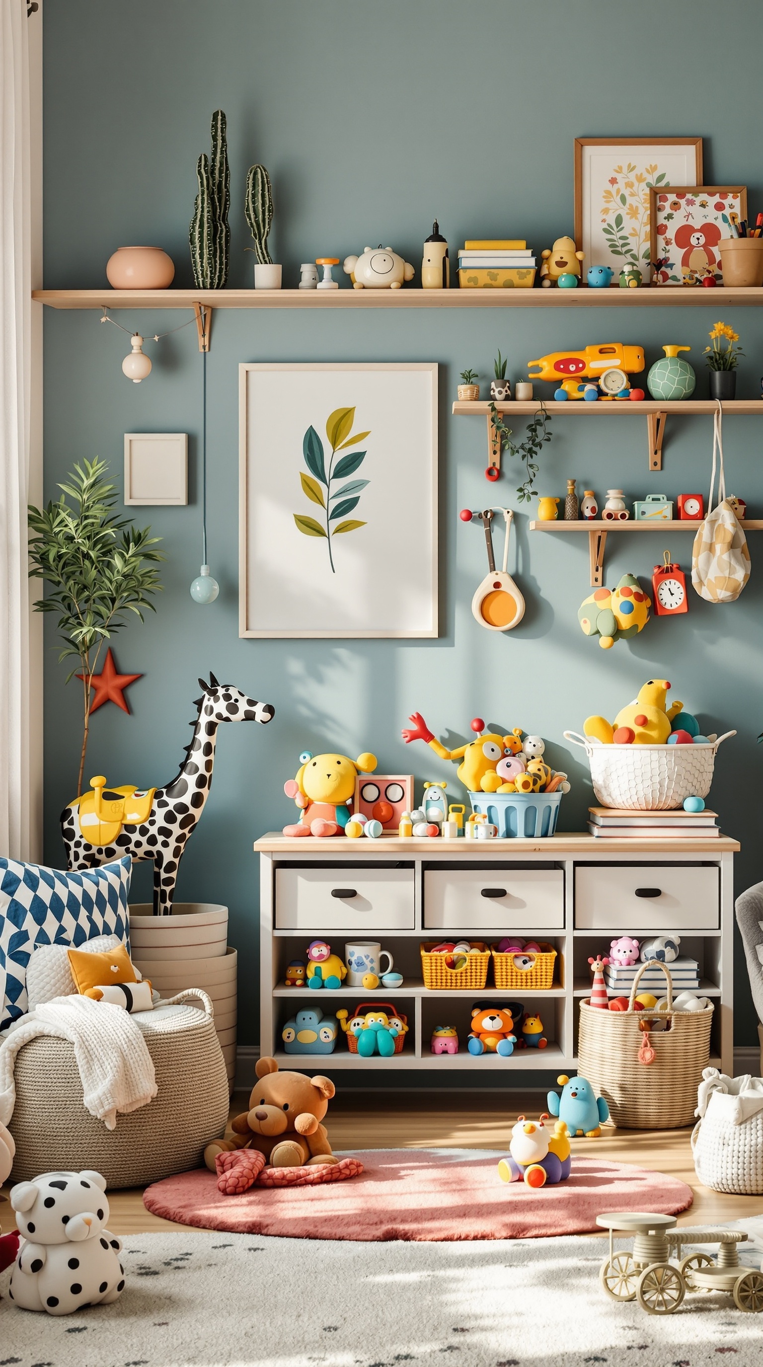 A colorful and playful kids' room filled with toys, accessories, and a cozy rug.