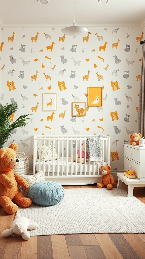 A nursery with playful animal-themed wallpaper featuring various animals in orange and gray, a crib, plush toys, and a cozy rug.