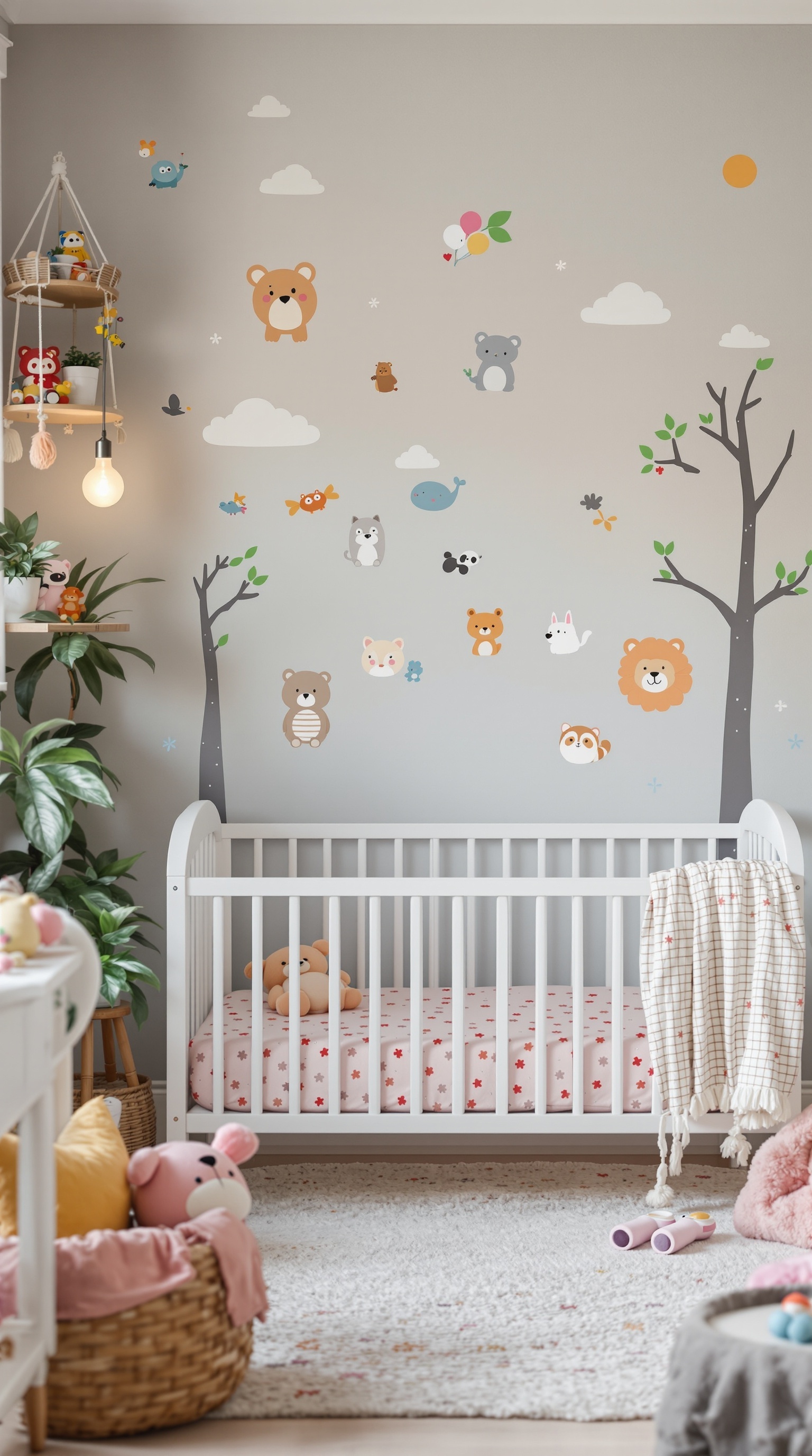 A nursery room featuring playful animal wall decals, a crib with floral bedding, and colorful plush toys.