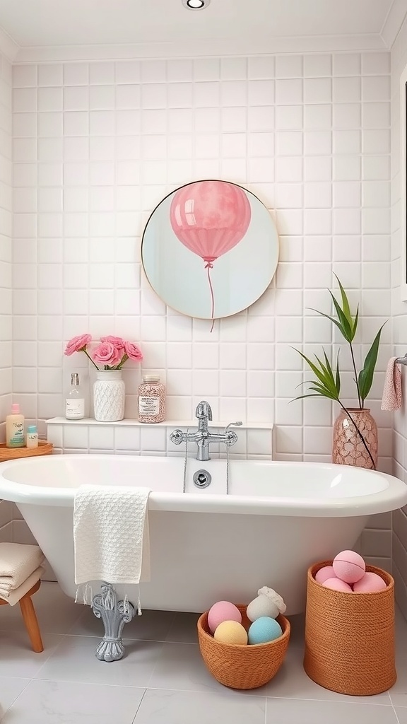 A playful bathroom featuring a pink balloon artwork, colorful bath bombs in baskets, and fresh flowers.