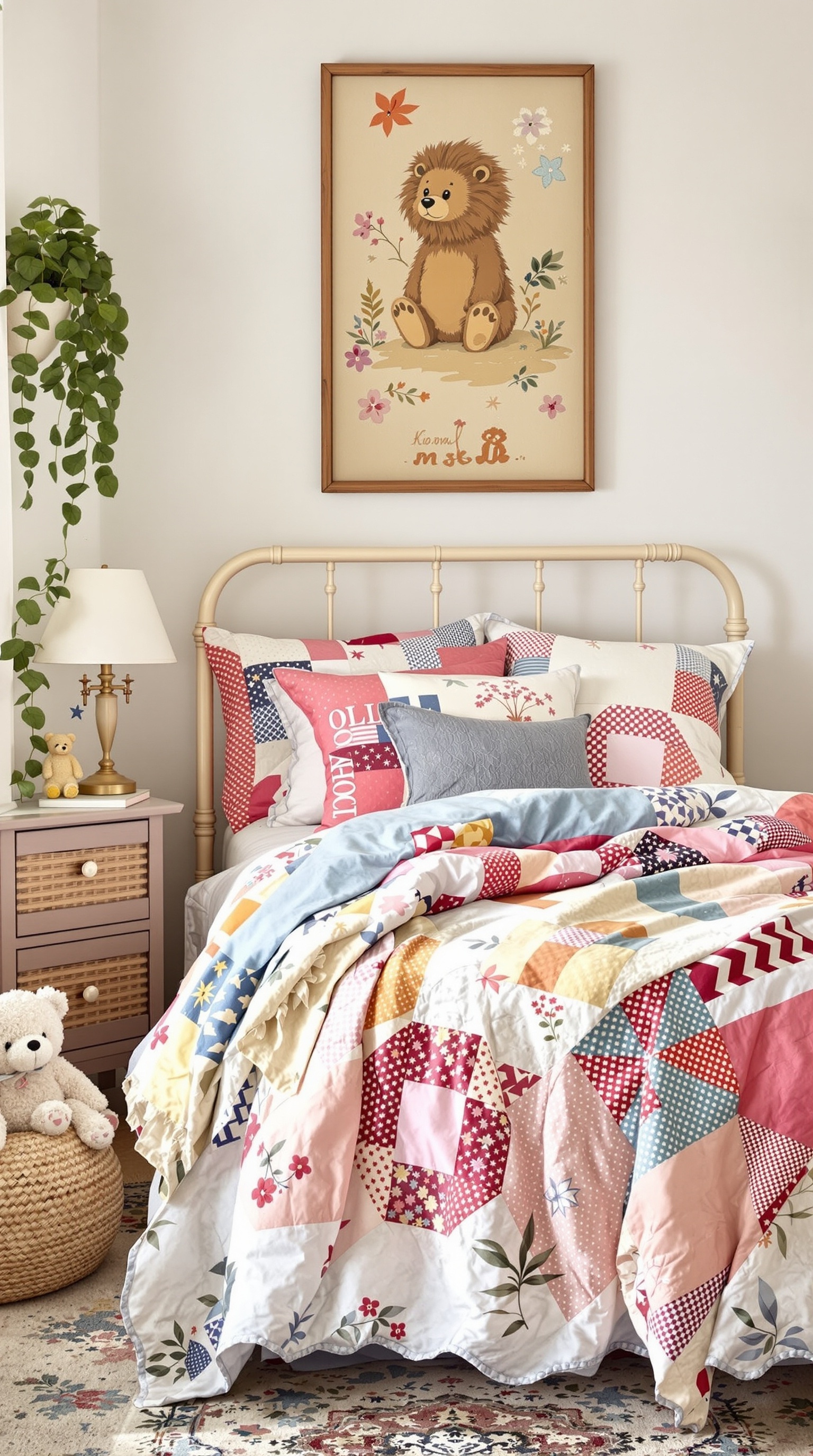 A vintage kids' room featuring colorful bed linens and a playful quilt with floral patterns.