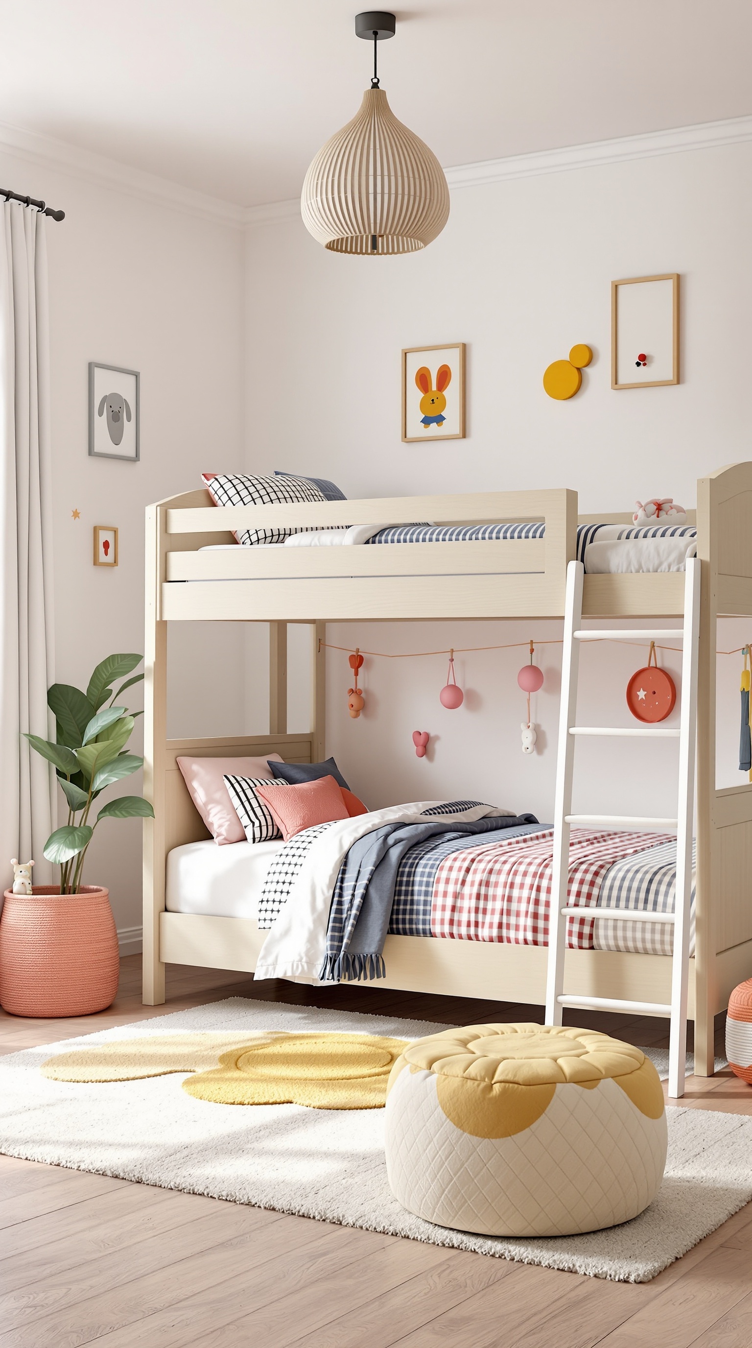 A stylish kids' bedroom featuring a light wood bunk bed with colorful bedding, a cozy rug, and playful wall decor.