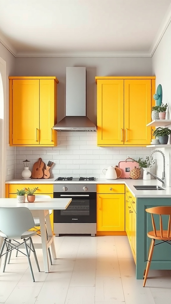 A colorful kitchen featuring yellow and green cabinets, a black stove, and a bright dining table.