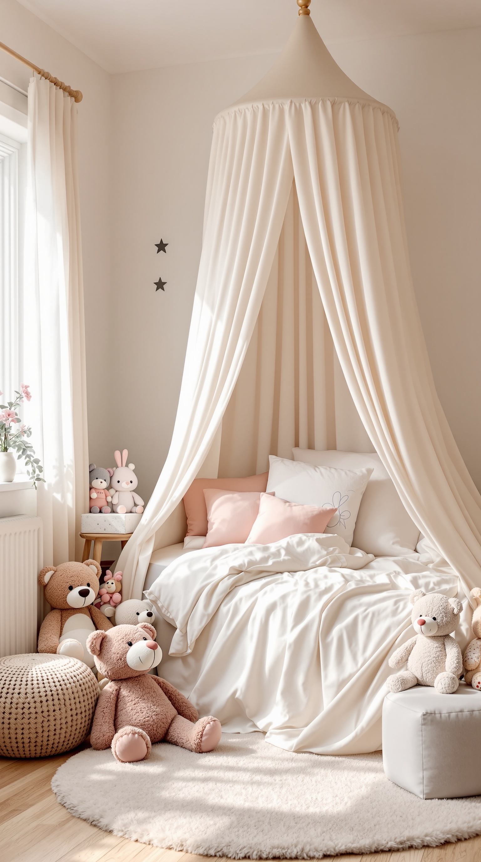 A cozy toddler girl's bedroom featuring a canopy bed with soft drapes, plush toys, and a warm color palette.