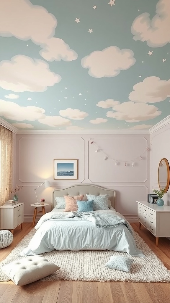 A whimsical bedroom with a ceiling painted in soft clouds and stars, featuring a cozy bed and light decor.