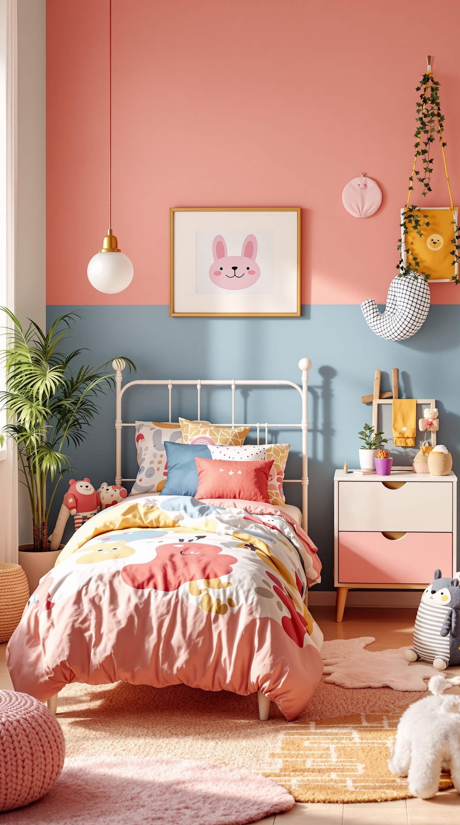A colorful kids' room featuring pink and blue walls, playful bedding, and cheerful decor.