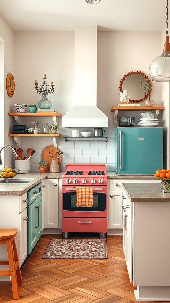 A colorful kitchen featuring a pink stove, mint green refrigerator, and wooden accents.