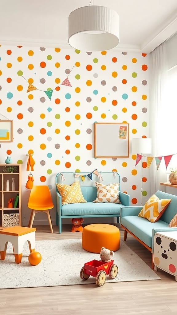 A vibrant room with a wall covered in colorful dots, featuring playful furniture and decor.