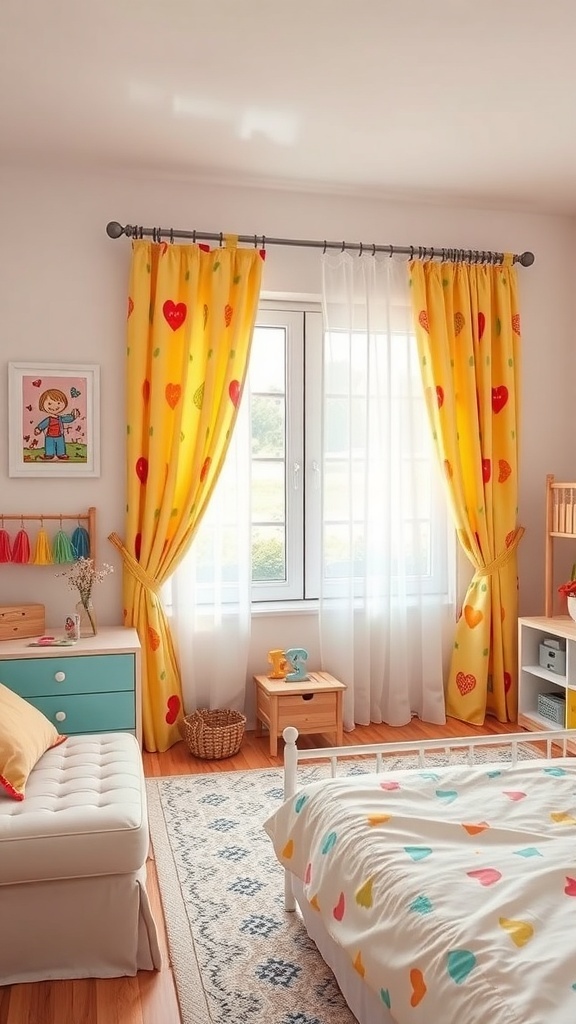 A colorful kids' room featuring yellow curtains with heart patterns, a white bed, and playful decor.