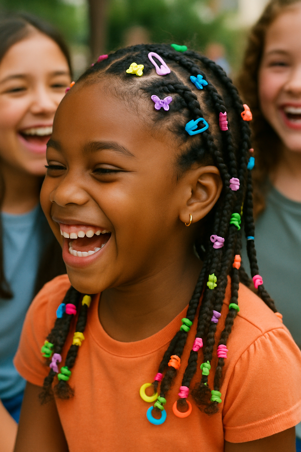 A child with cornrow hairstyle adorned with colorful beads and ribbons.