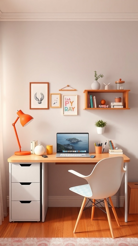 A stylish preppy teen bedroom desk with colorful accessories and decor.