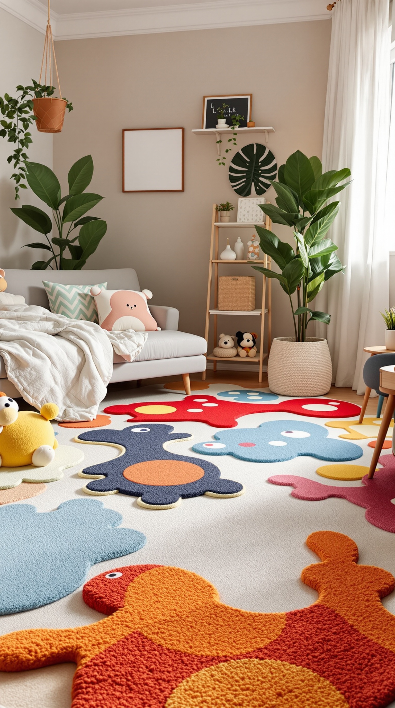 A colorful and playful floor rug in a toddler's room, featuring various shapes and colors, with a cozy sofa and plants in the background.