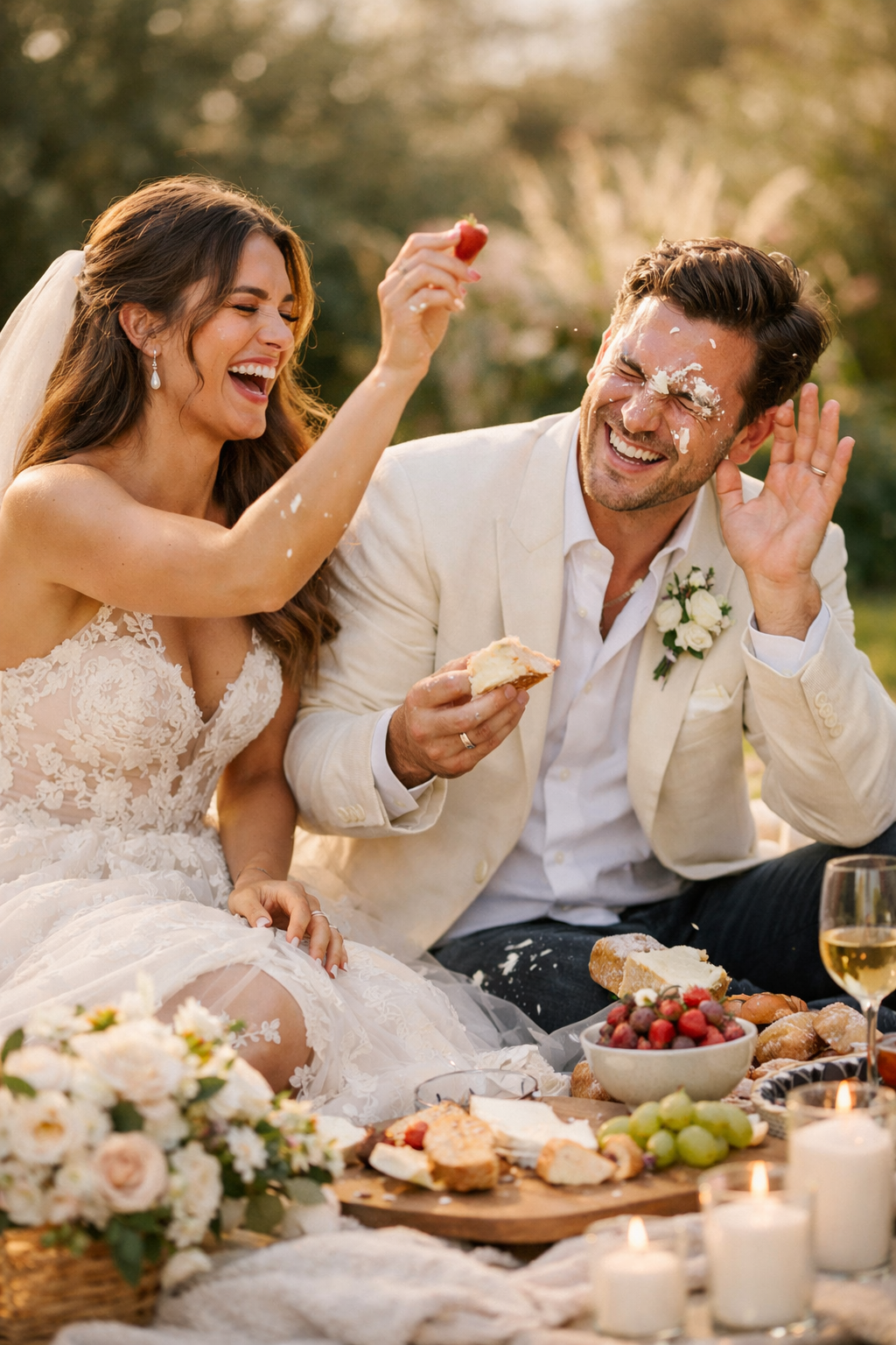 A couple enjoys a playful food fight during a picnic engagement shoot, laughing and having fun.