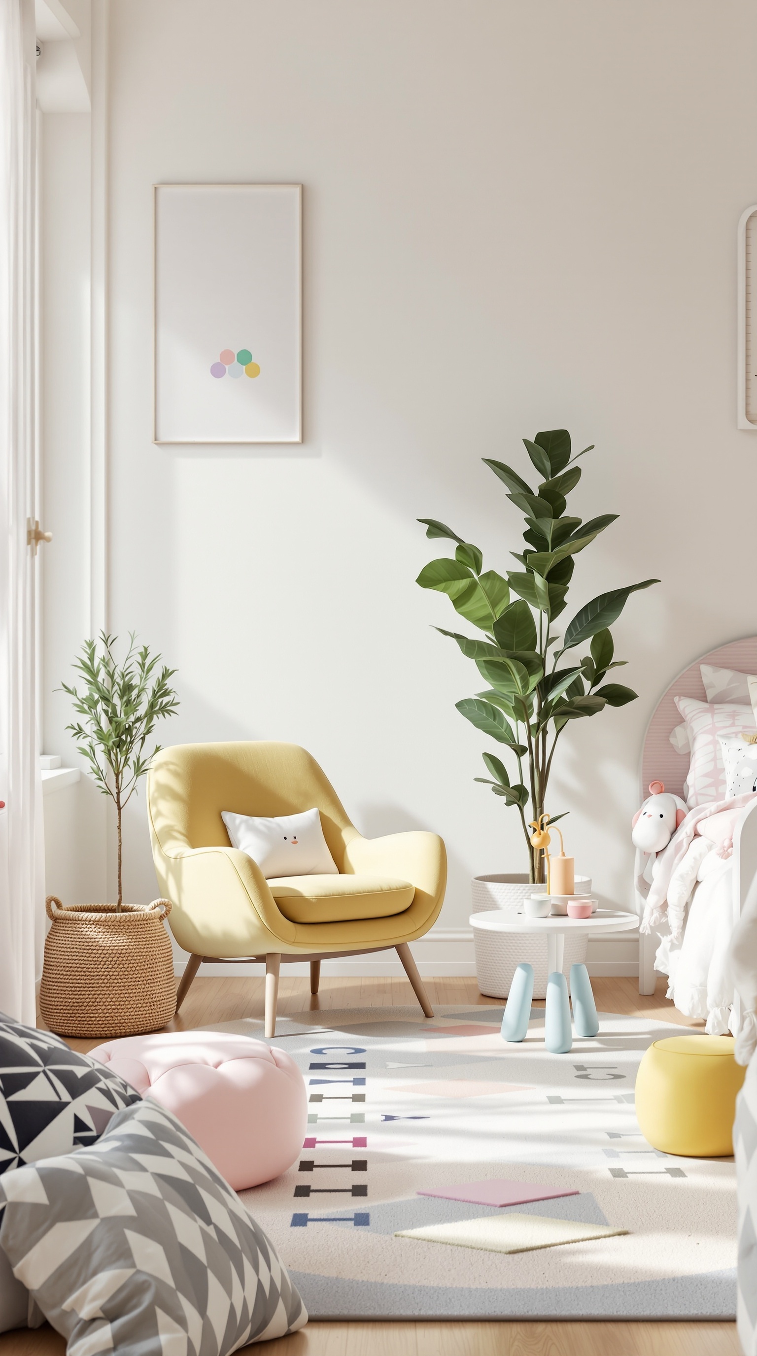 A bright toddler room featuring playful furniture, including a yellow chair, colorful poufs, and a patterned rug.