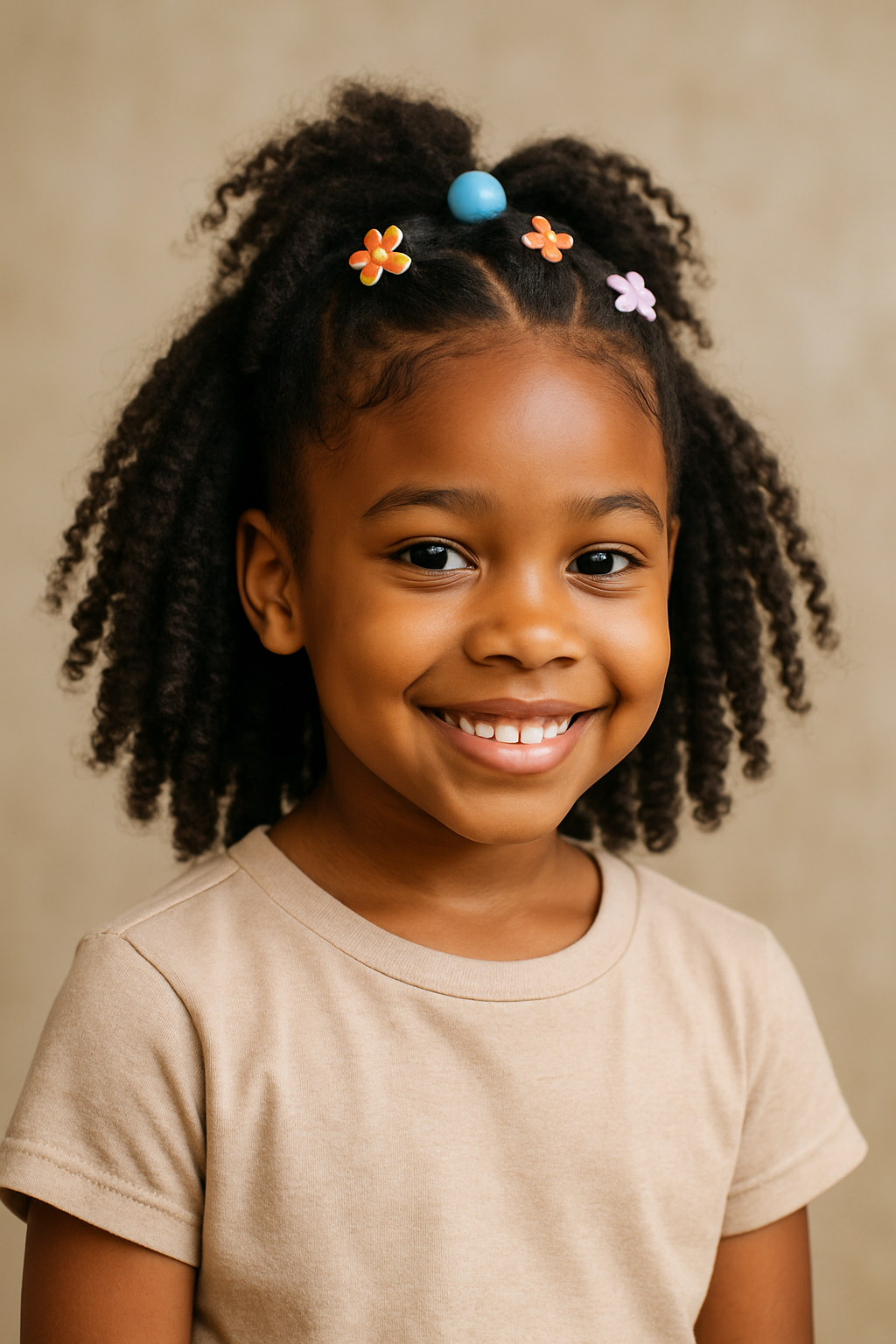 A young girl with curly hair styled in a half-up, half-down hairstyle, adorned with colorful flower clips and a blue bead.