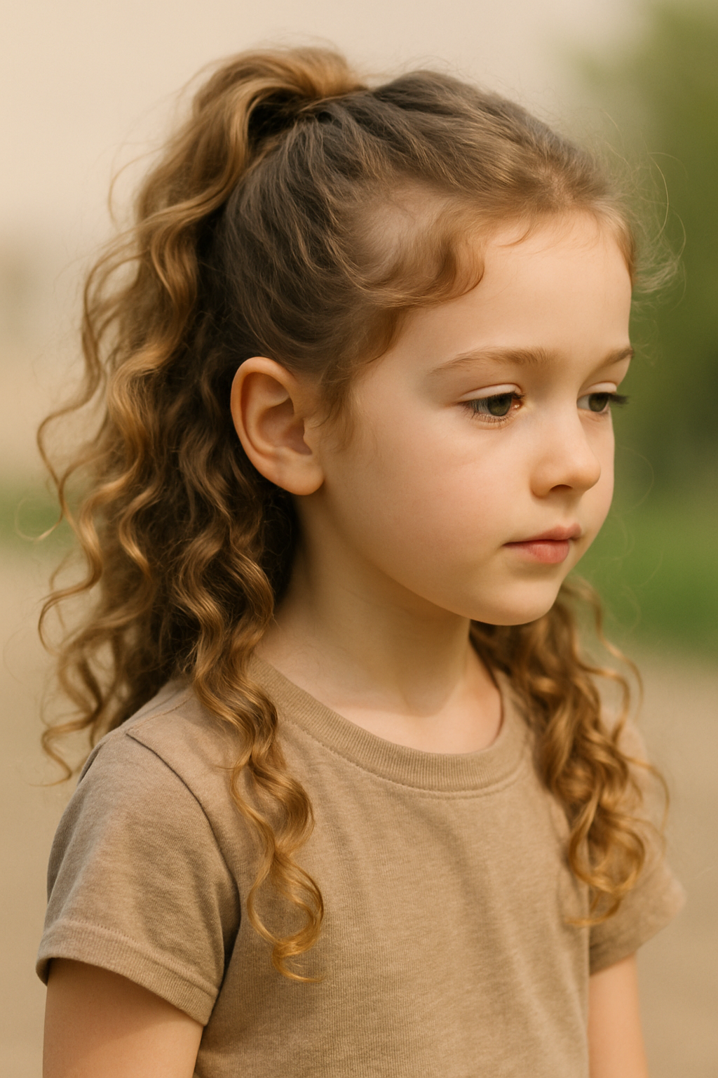 A young girl with curly hair styled in a half-up, half-down hairstyle.