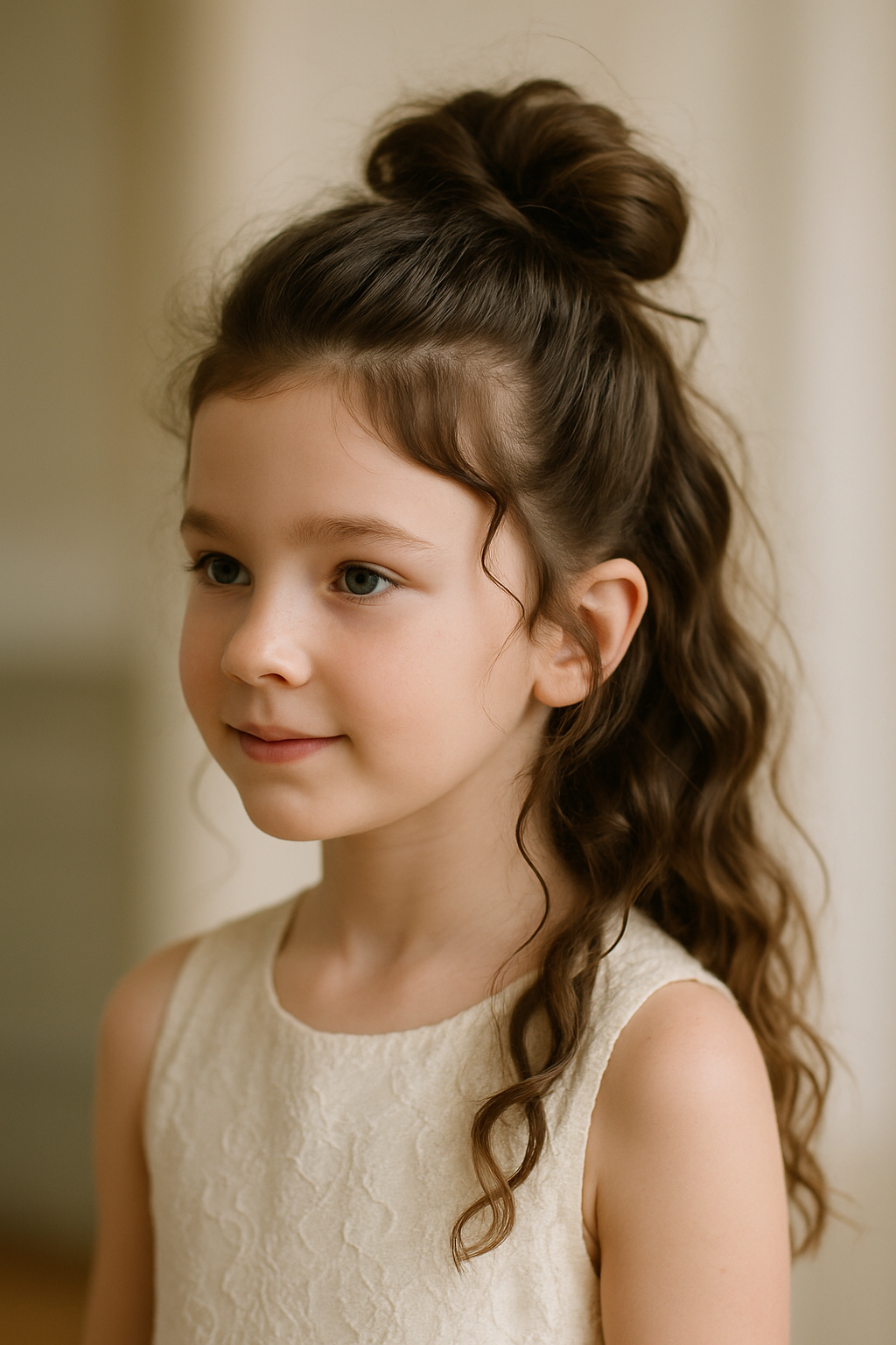 A young girl with a half-up ponytail hairstyle, showcasing curls and a playful look.