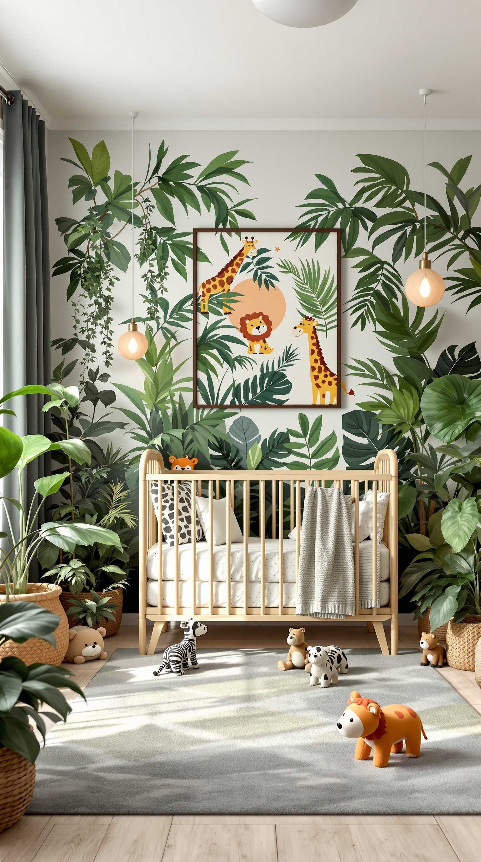 A baby boy's bedroom with a jungle safari theme, featuring green plants, animal illustrations, and a cozy crib.