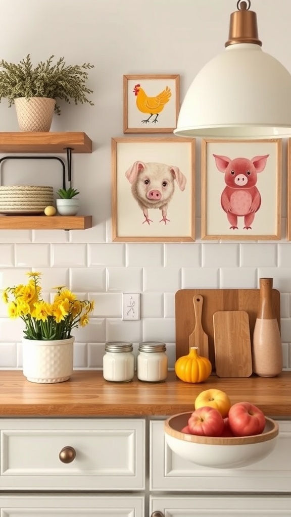 A collection of framed animal art featuring chickens and a pig, displayed above a bed.