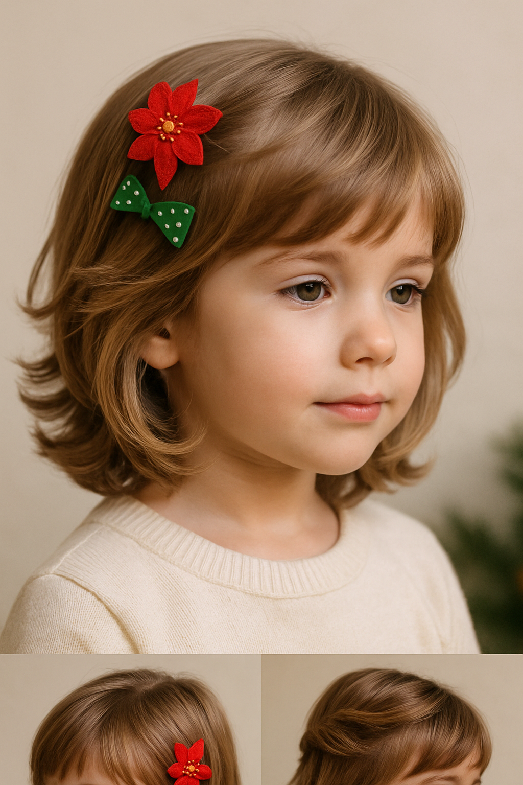 A young girl with a playful layered haircut, adorned with a red flower clip and a green bow.