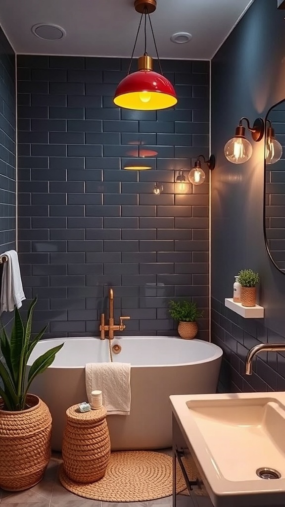A stylish bathroom featuring playful lighting fixtures, including a red pendant light and warm wall bulbs, against dark blue tiles.