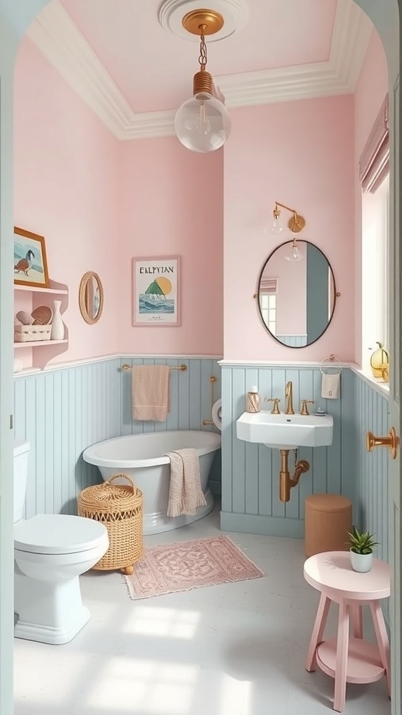 A bathroom featuring playful pastel colors with pink walls and blue paneling, complemented by gold fixtures and decorative elements.