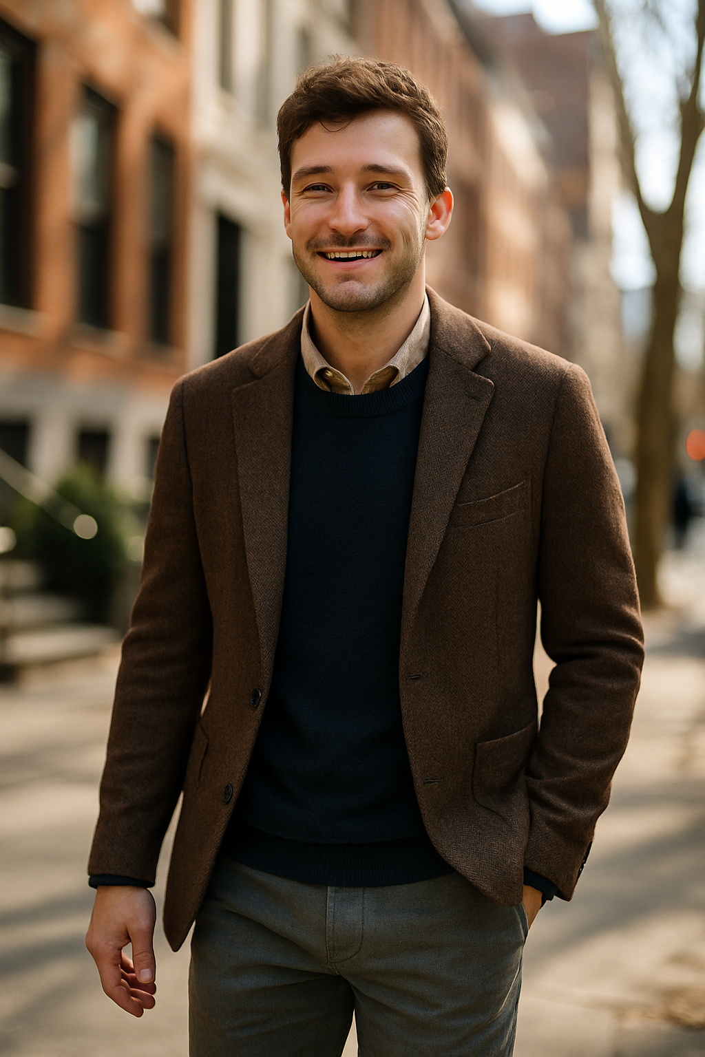 A man smiling while wearing a brown blazer over a dark sweater and light-colored pants.