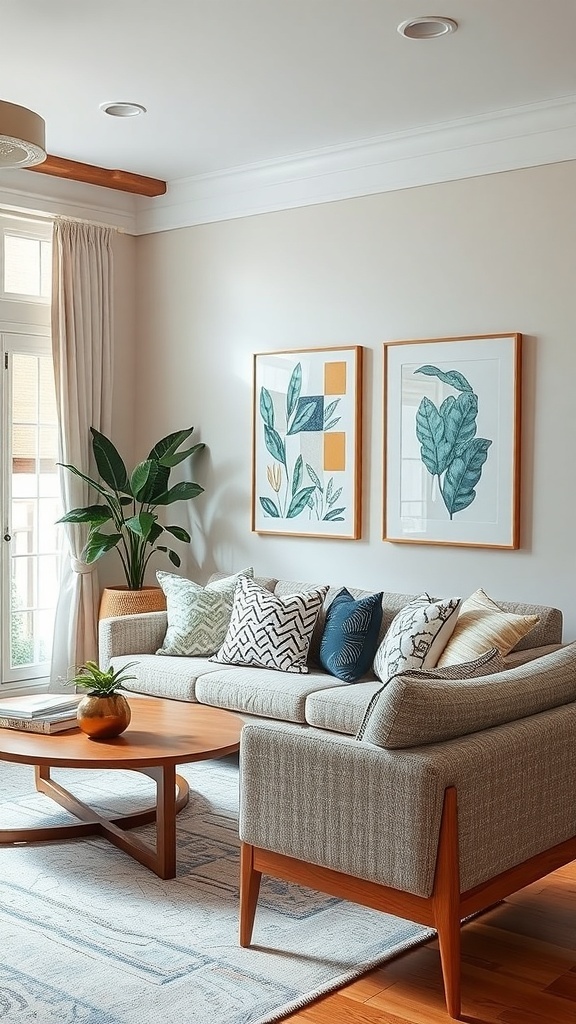 A cozy mid-century modern living room featuring a grey sofa with patterned cushions, a wooden coffee table, and colorful wall art.