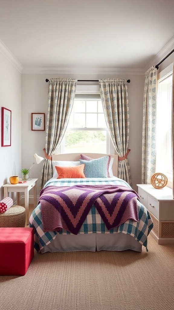 A preppy teen bedroom featuring a bed with colorful pillows and a patterned blanket, light curtains, and playful decor.