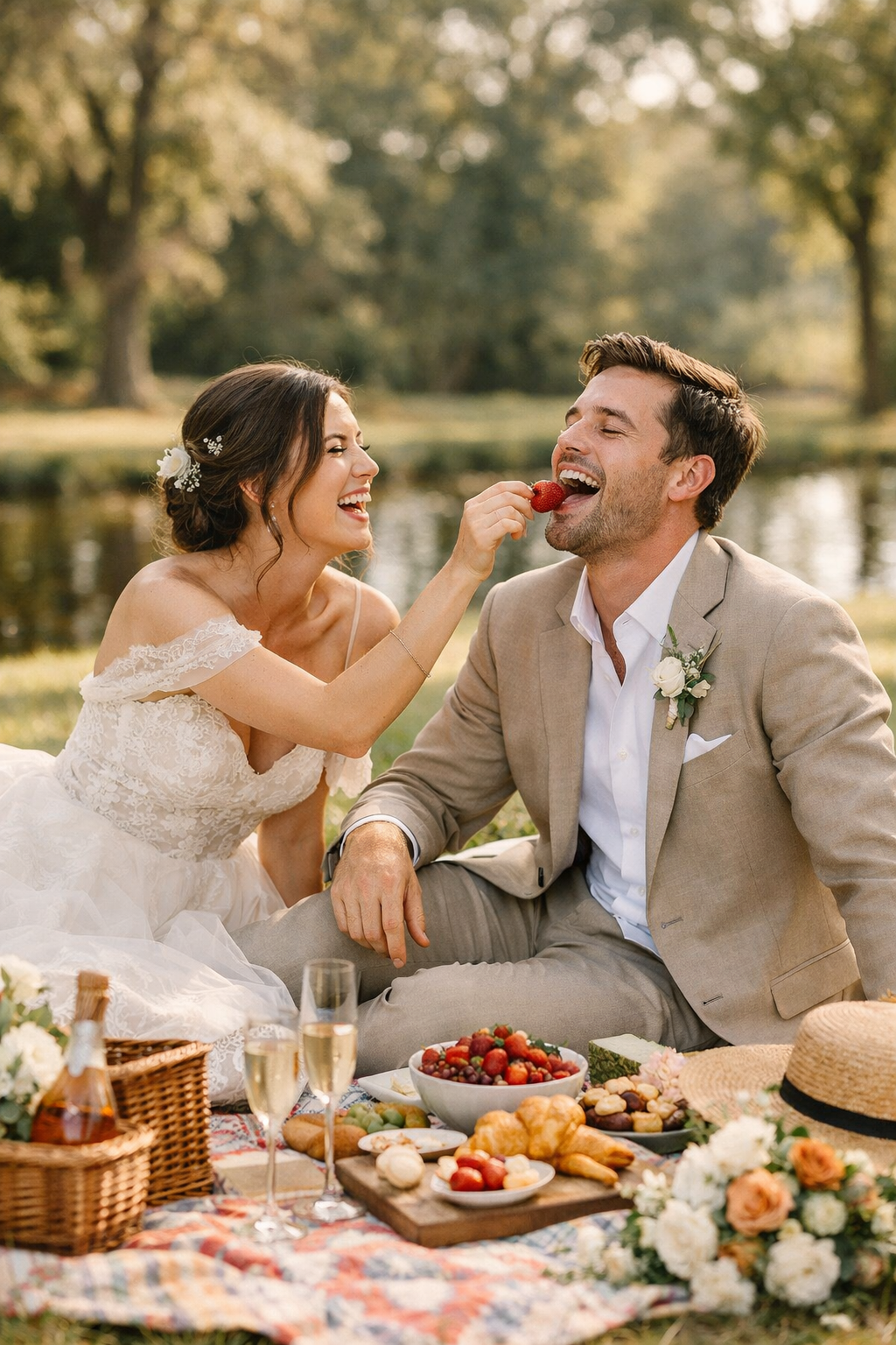 A couple enjoying a playful picnic in the park, sharing strawberries and surrounded by a charming spread of food.