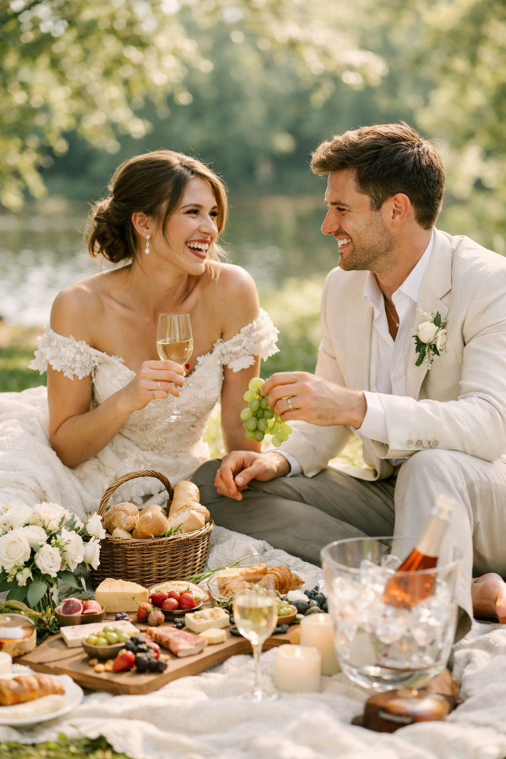Couple enjoying a picnic by the lake with food and drinks