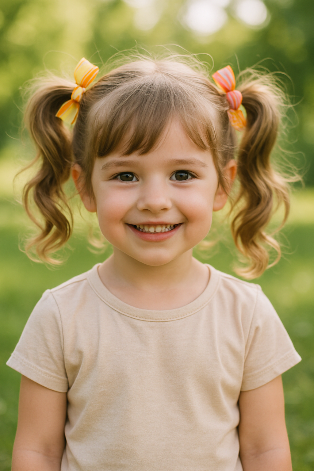 A young girl with playful pigtails and colorful ribbons, smiling in a green outdoor setting.