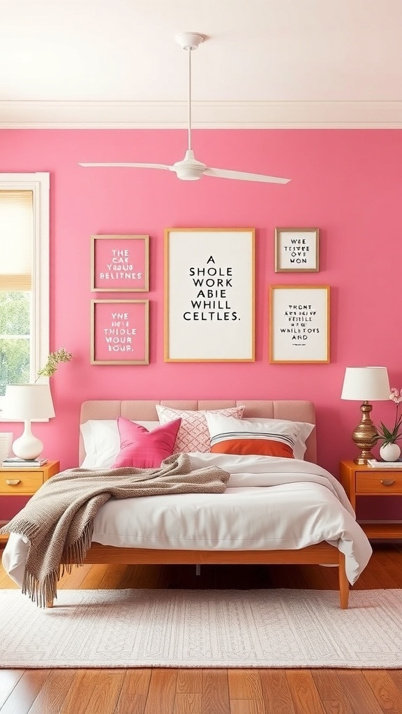 A pink bedroom featuring playful wall art and prints, with a cozy bed and stylish decor.
