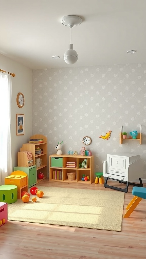 A playroom featuring a light polka dot accent wall, colorful furniture, and playful decor.