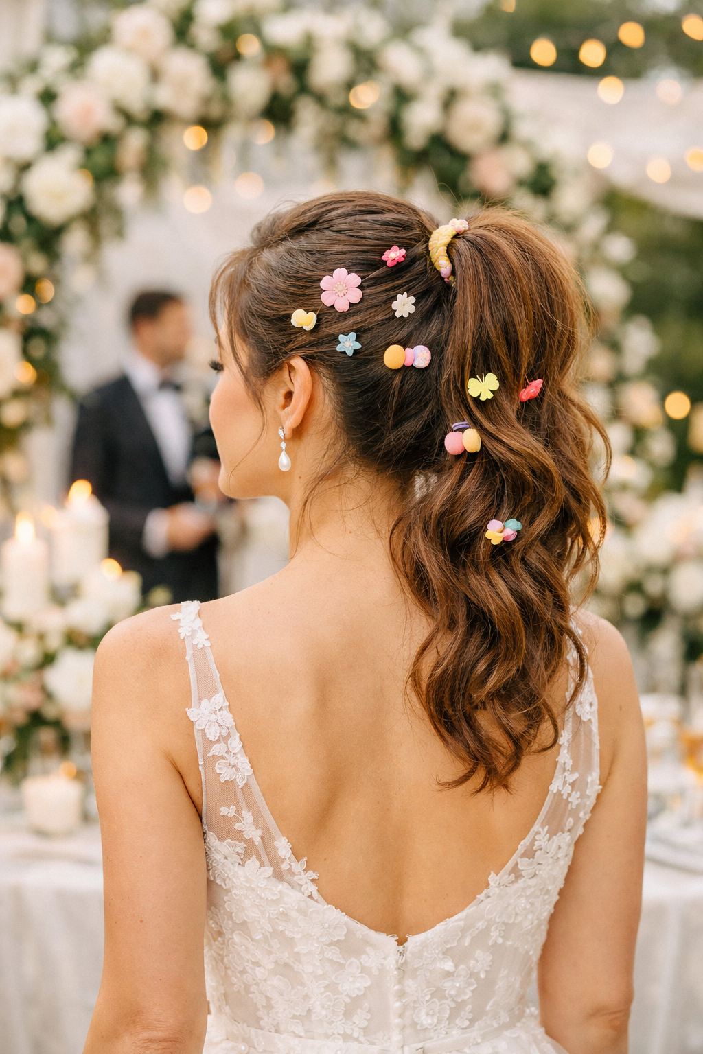 A woman with a playful ponytail adorned with colorful accessories, showcasing a cheerful hairstyle for a wedding.