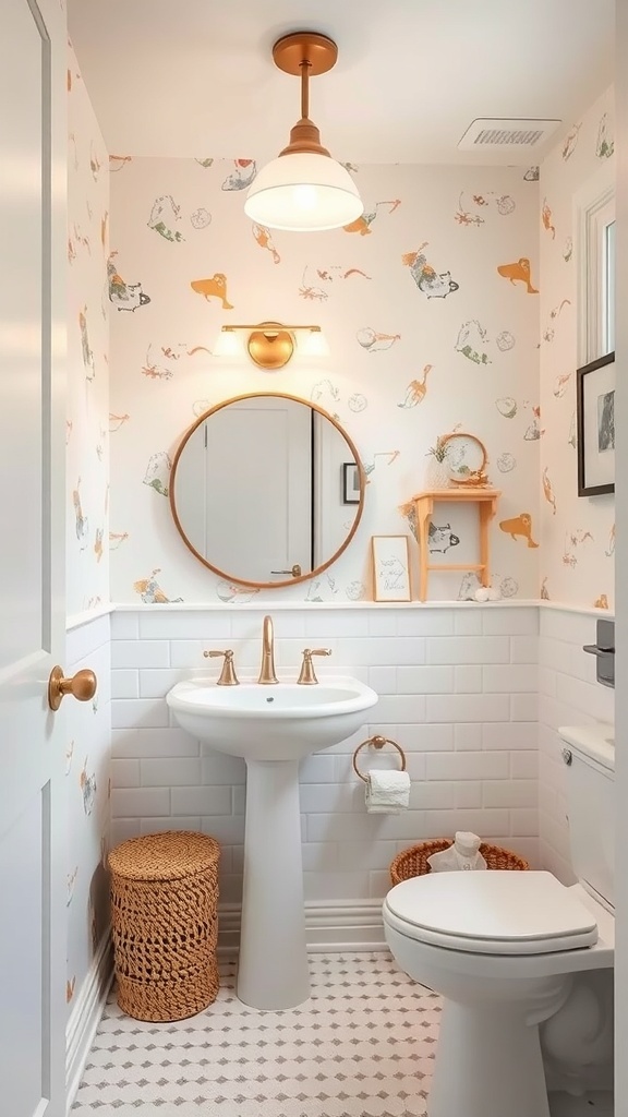A small bathroom featuring playful animal print wallpaper, a round mirror, and warm lighting.