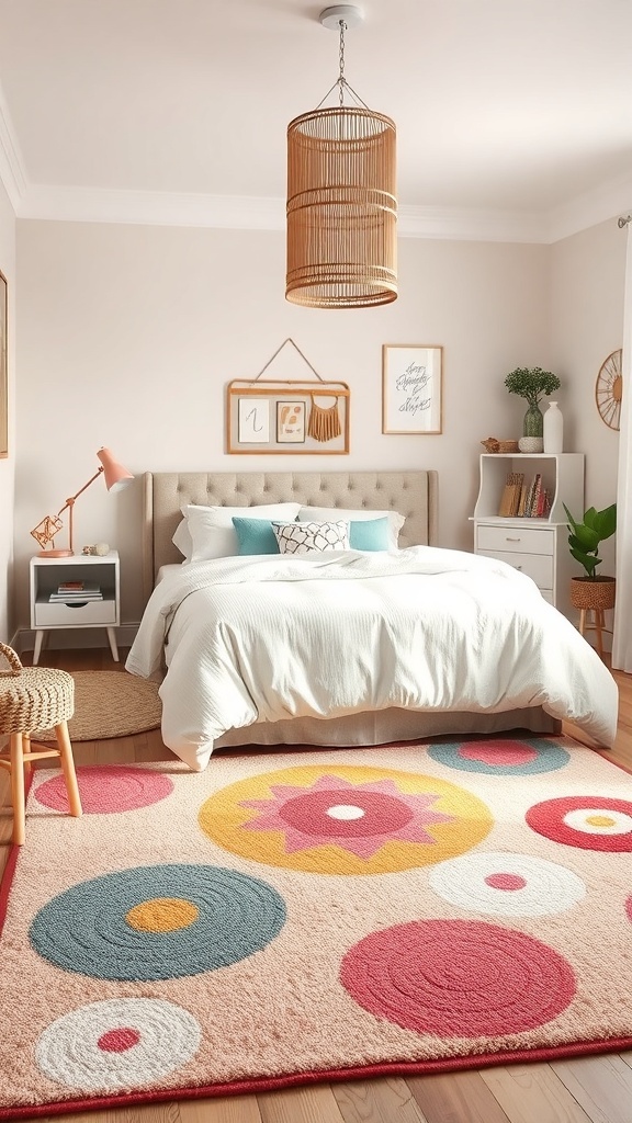 A colorful rug with playful designs in a pre-teen bedroom, featuring bright circles and a flower pattern.