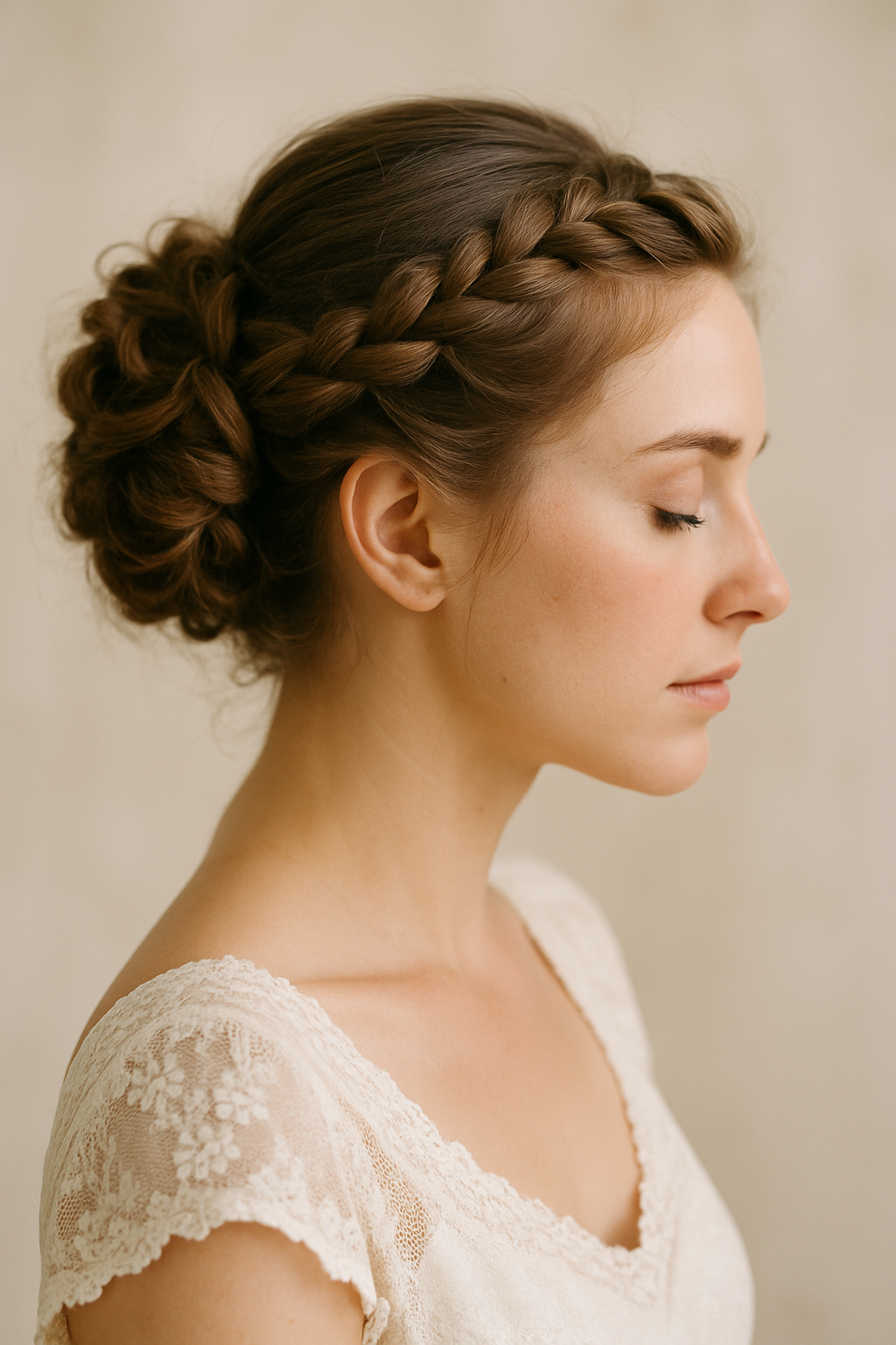 A close-up of a woman with braided hair styled in a bun, showcasing a playful and elegant hairstyle.