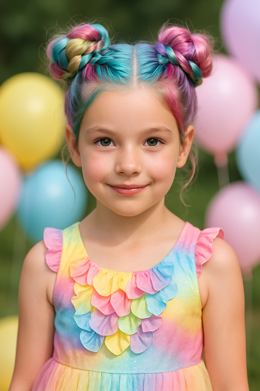 A young girl with colorful space buns hairstyle, wearing a rainbow dress, surrounded by balloons.