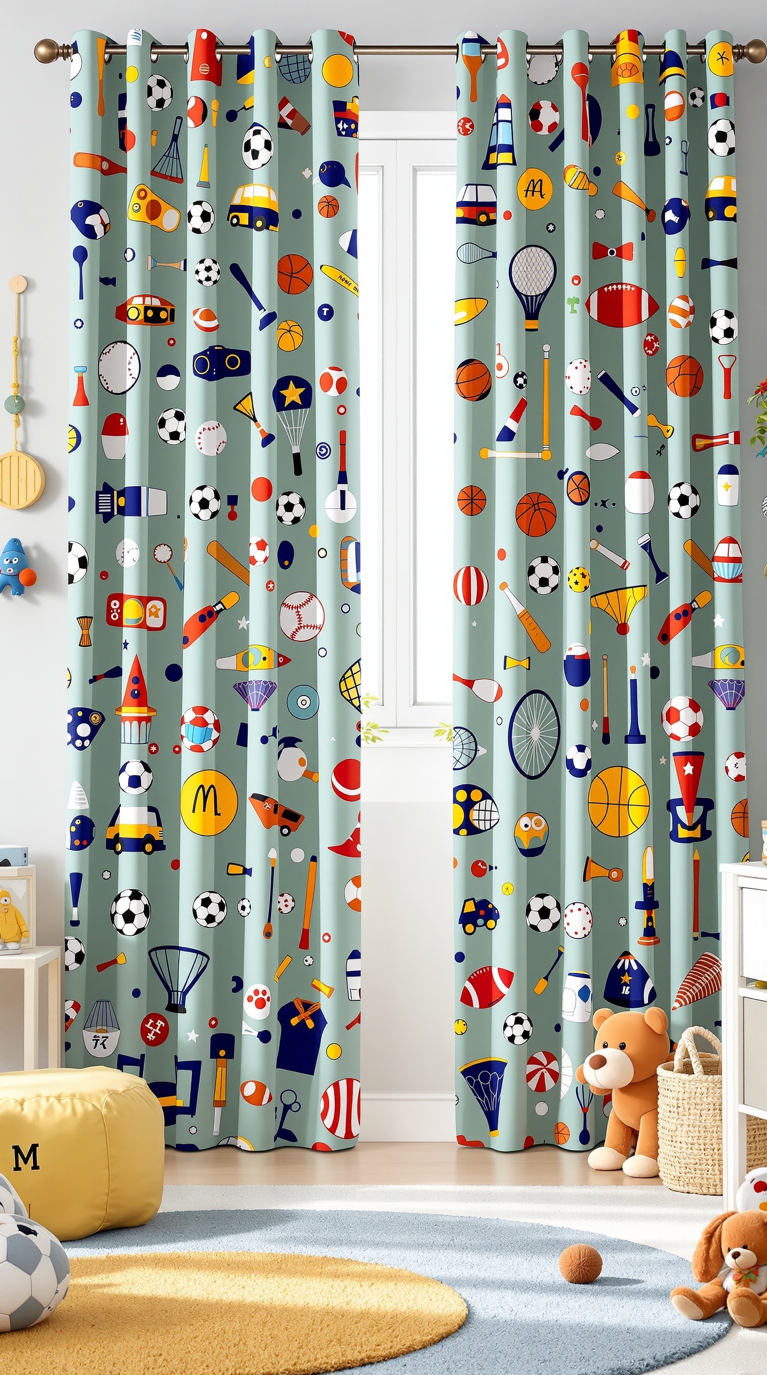 Colorful sports-themed curtains featuring various sports icons like soccer balls, basketballs, and tennis rackets.