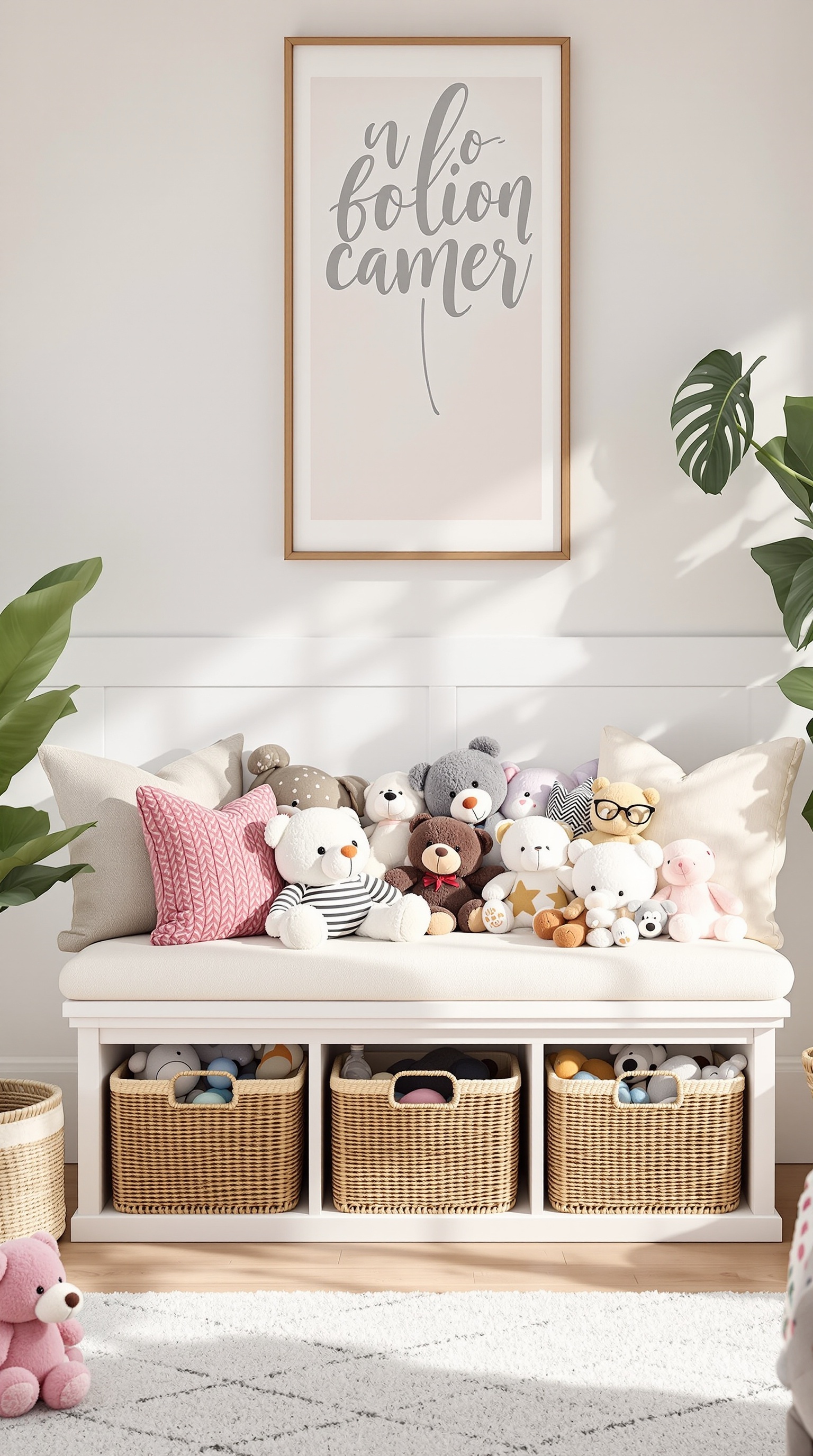 A cozy storage bench filled with stuffed animals and baskets for toy storage in a bright living room.