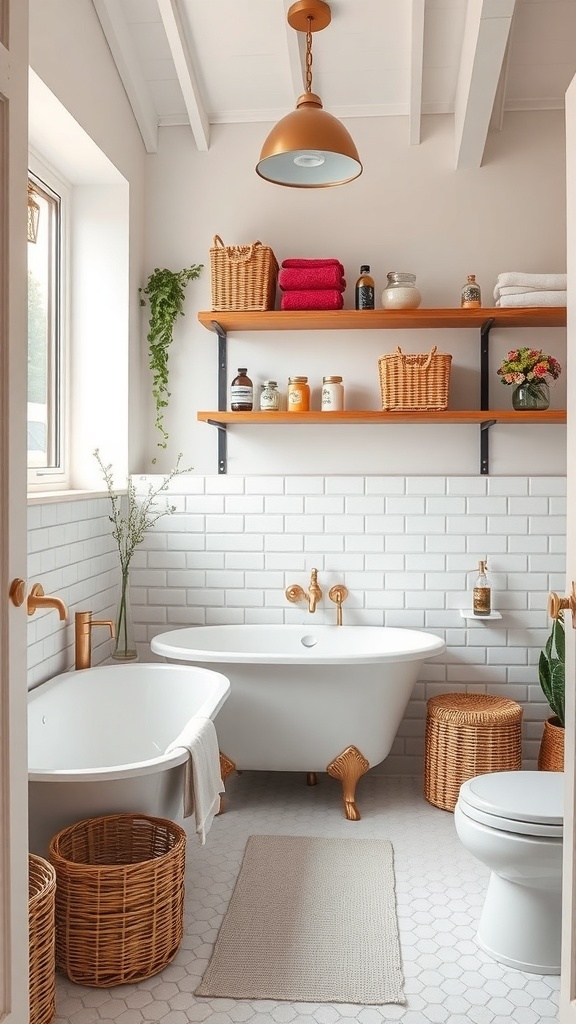 A stylish bathroom featuring open shelves with towels and bottles, wicker baskets for storage, and a cozy atmosphere.