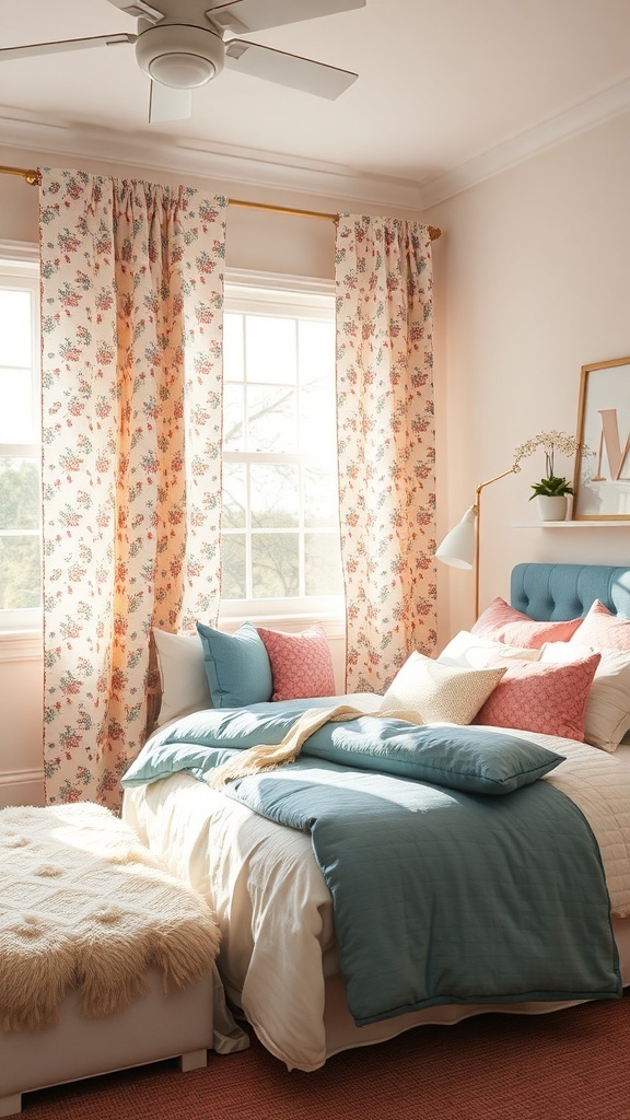 A cozy teen bedroom featuring playful textiles and patterns with a light blue duvet, floral curtains, and colorful accent pillows.