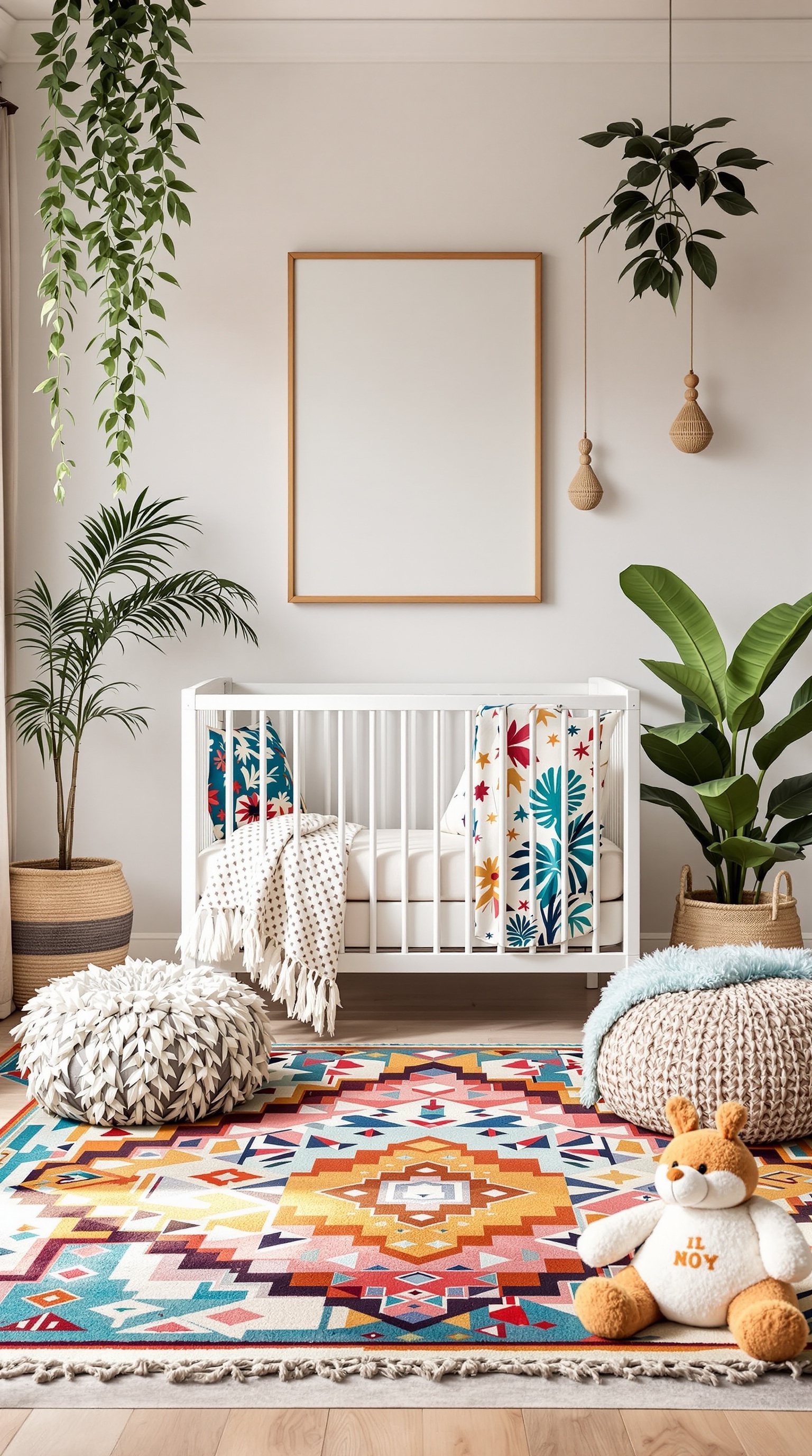 A colorful boho baby nursery with a vibrant rug, soft cushions, and plants.
