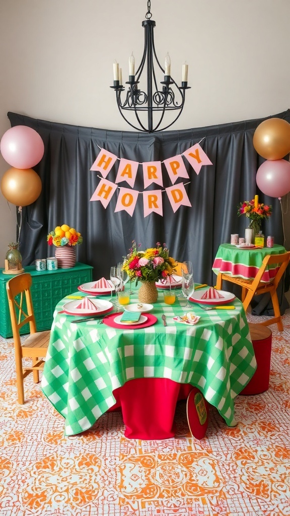 Colorful bridal shower table decorations with a cheerful theme featuring a checkered tablecloth, playful plates, floral centerpiece, and festive banners.