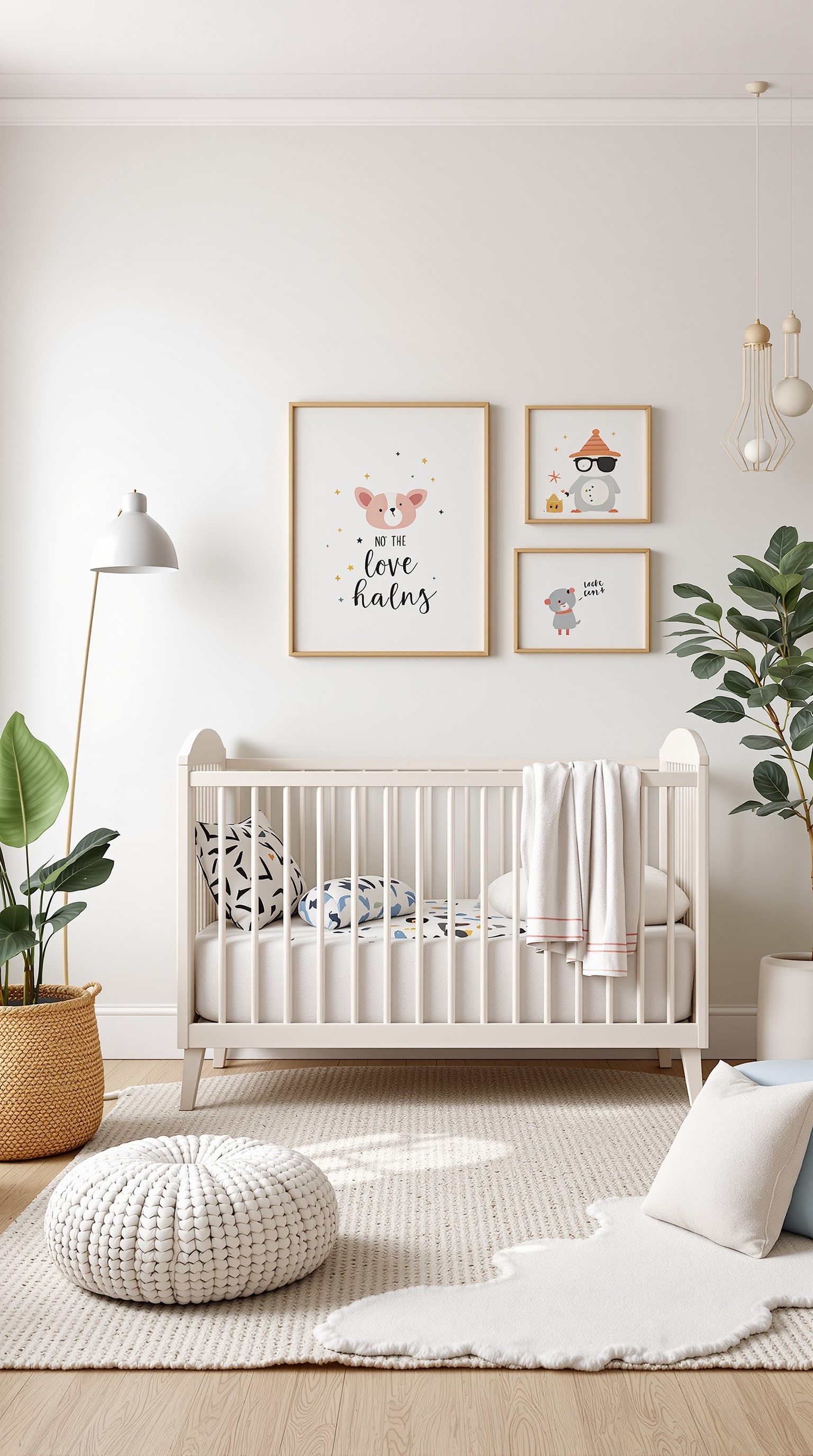 A bright and playful baby room featuring a crib, whimsical wall art, and cozy textures.