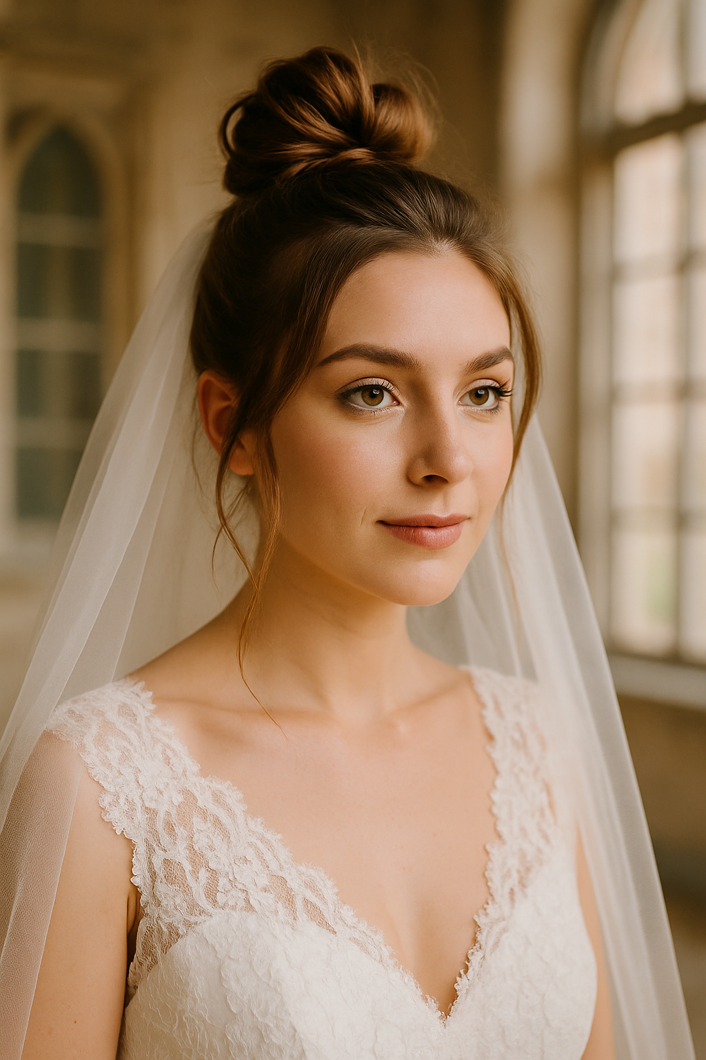 Bride with playful top knot hairstyle and veil