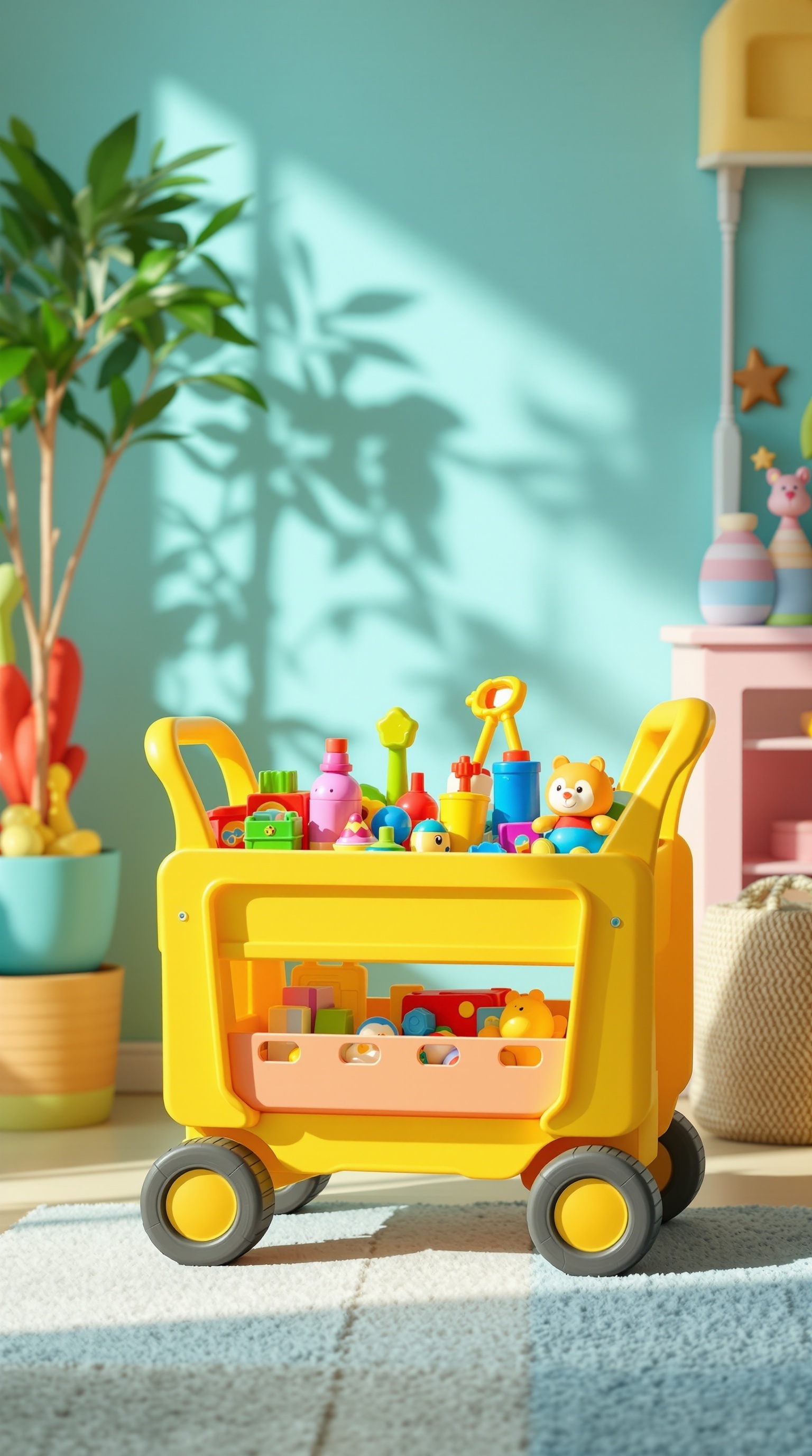 A bright yellow toy cart filled with colorful toys in a playful room setting.