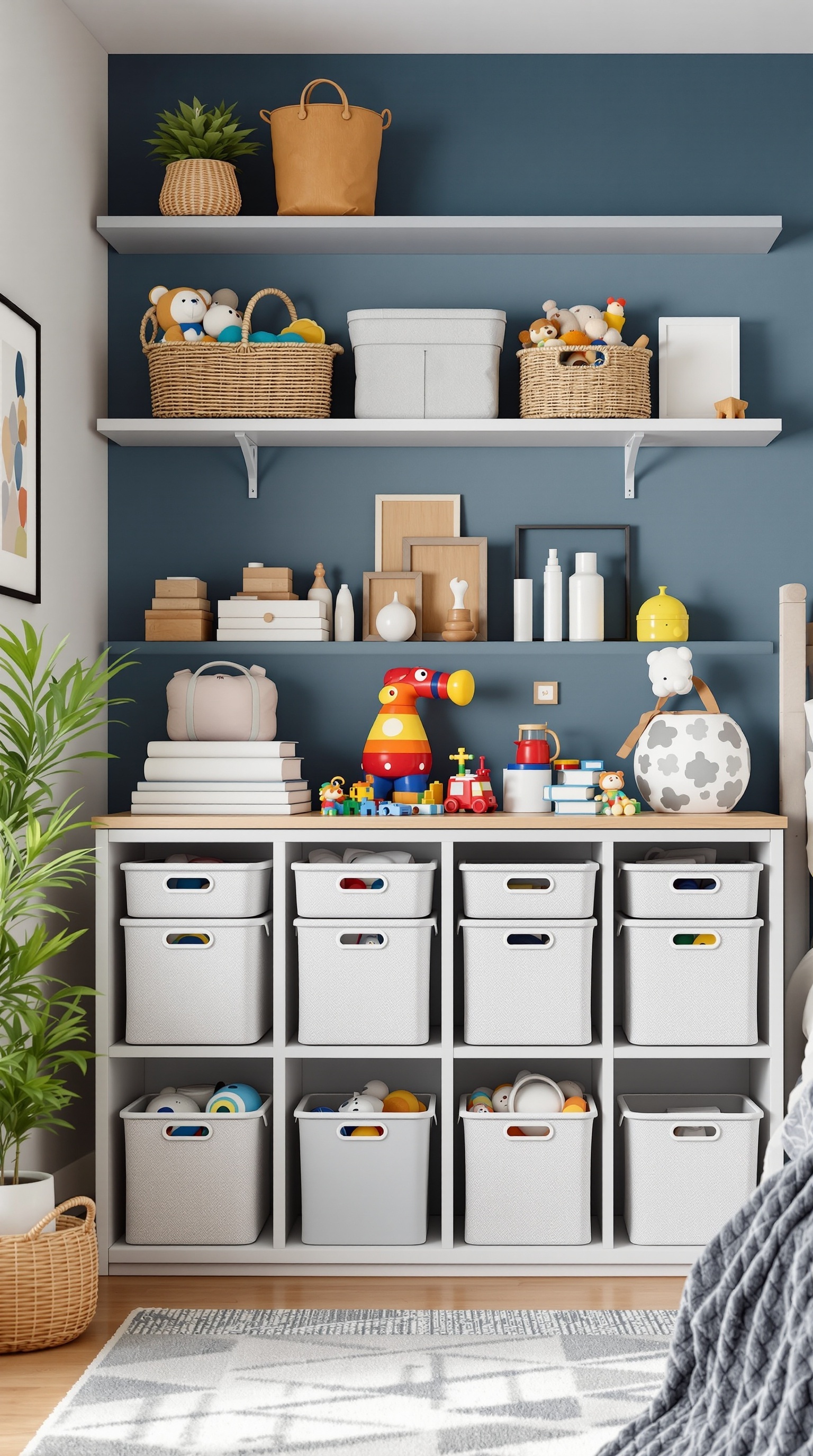 A well-organized toddler bedroom with colorful toy storage solutions.